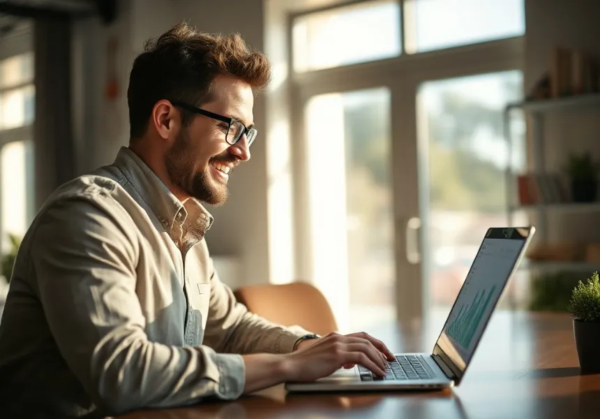 A Perth small-business owner reviewing growth on a laptop
